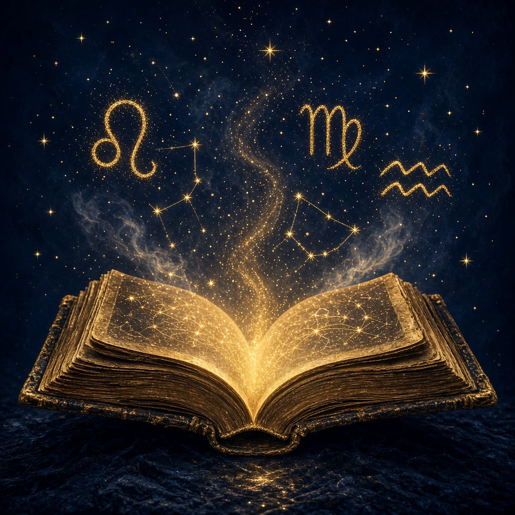 Aufgeschlagenes altes Buch, aus dem goldene Sterne und Tierkreiszeichen aufsteigen