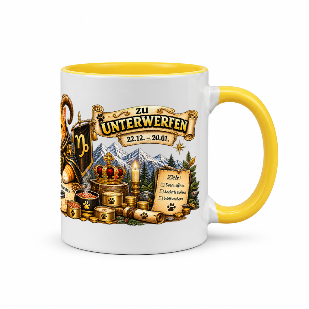 Katzen-Kaffeebecher Steinbock — Gelb/Weiß