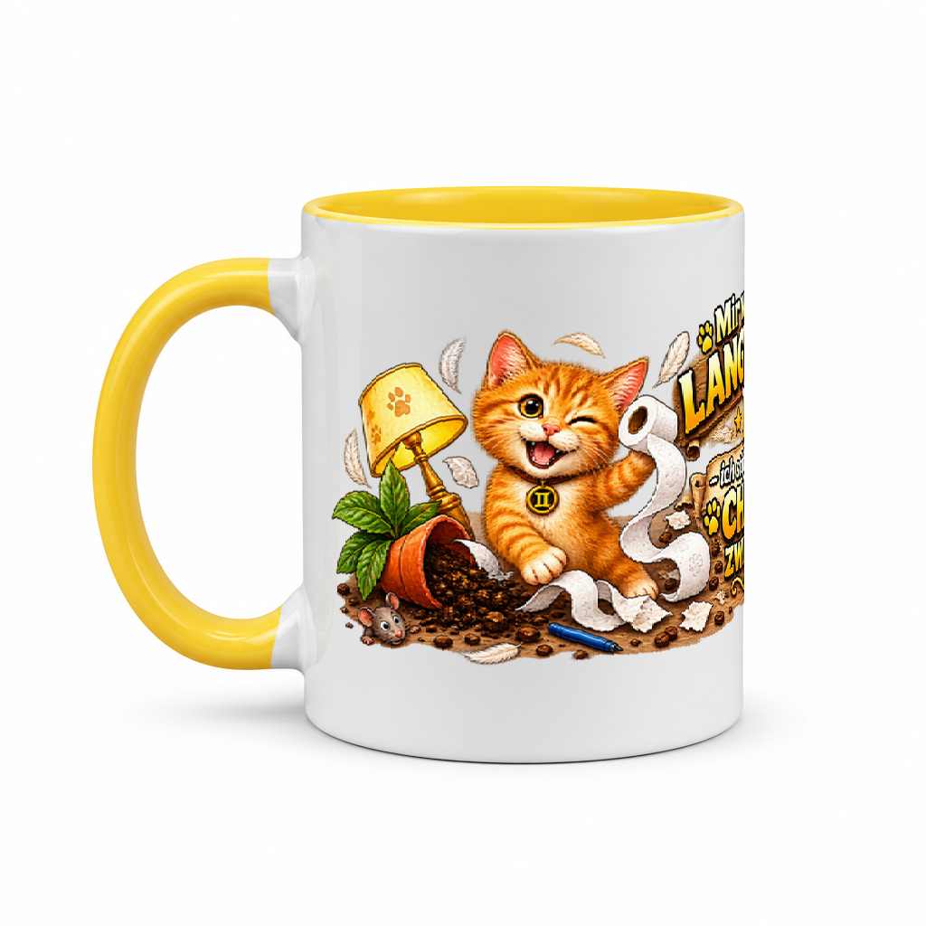 Katzen Kaffeebecher Zwilling — Gelb/Weiß (Henkel links)