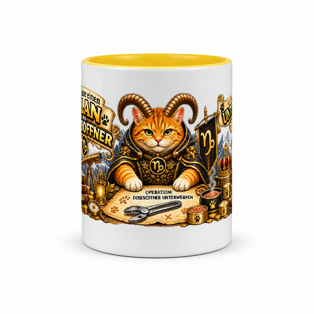 Katzen-Kaffeebecher Steinbock — Gelb/Weiß (Mitte)