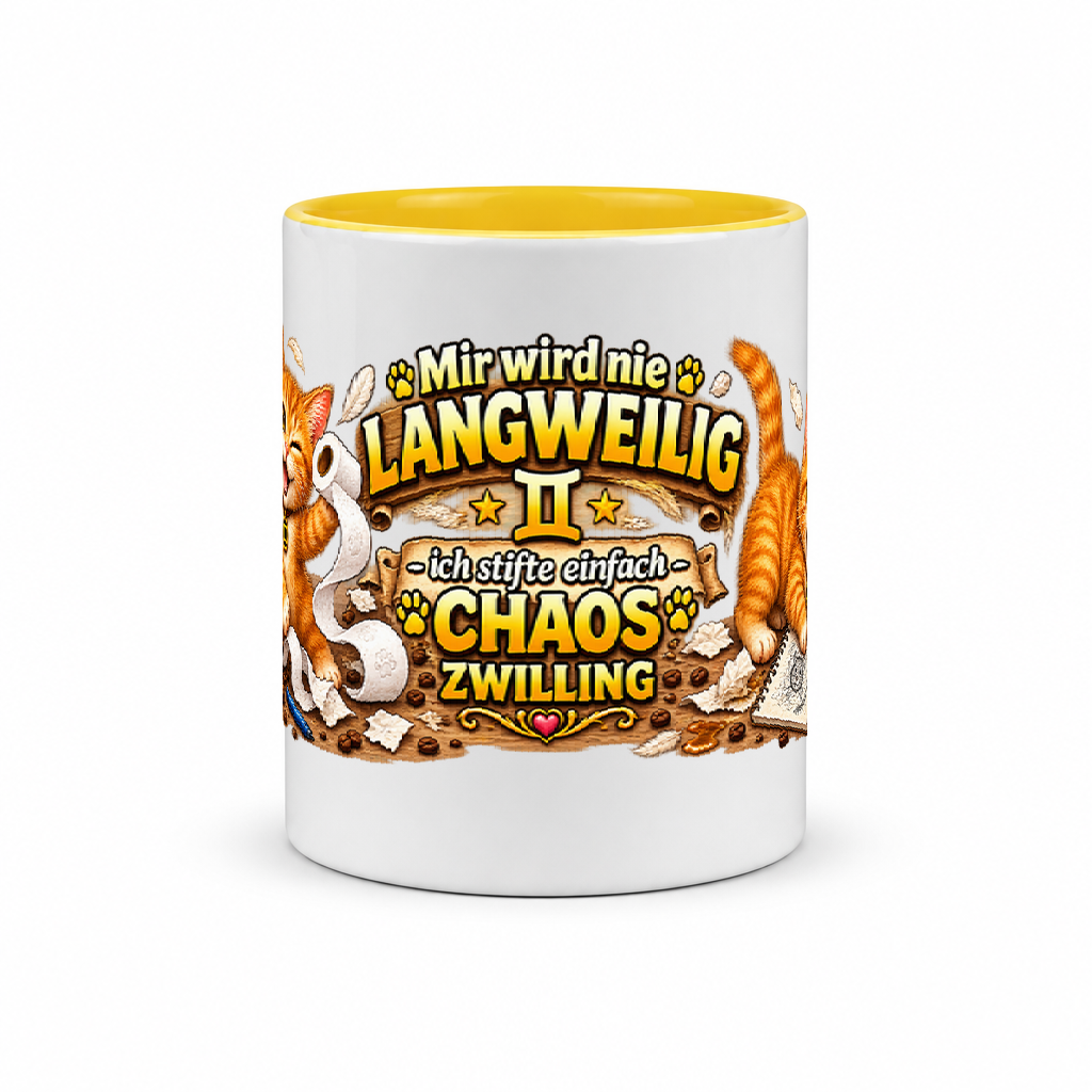 Katzen Kaffeebecher Zwilling — Gelb/Weiß (Mitte)