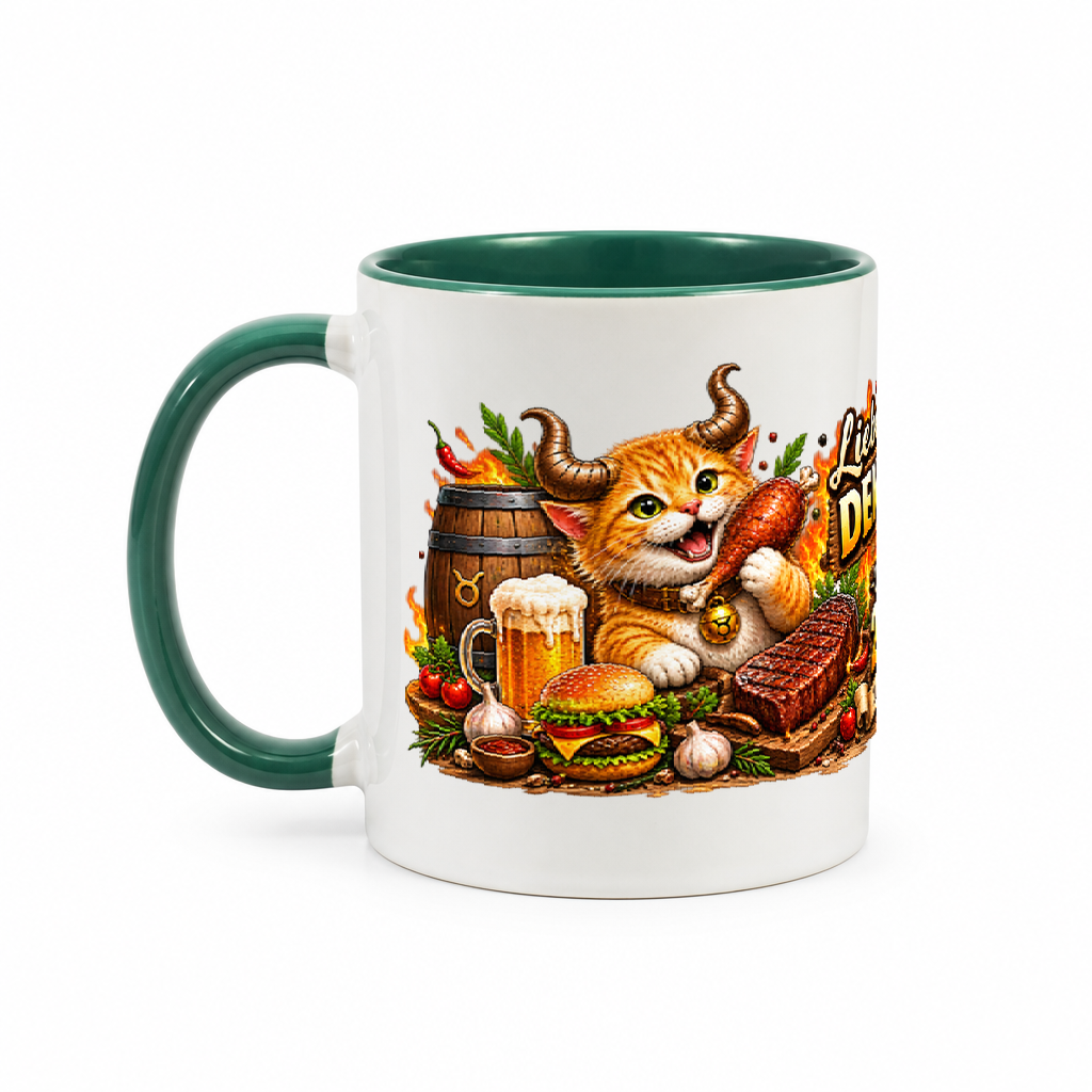 Katzen-Kaffeebecher Stier — Grün/Weiß (Henkel links)