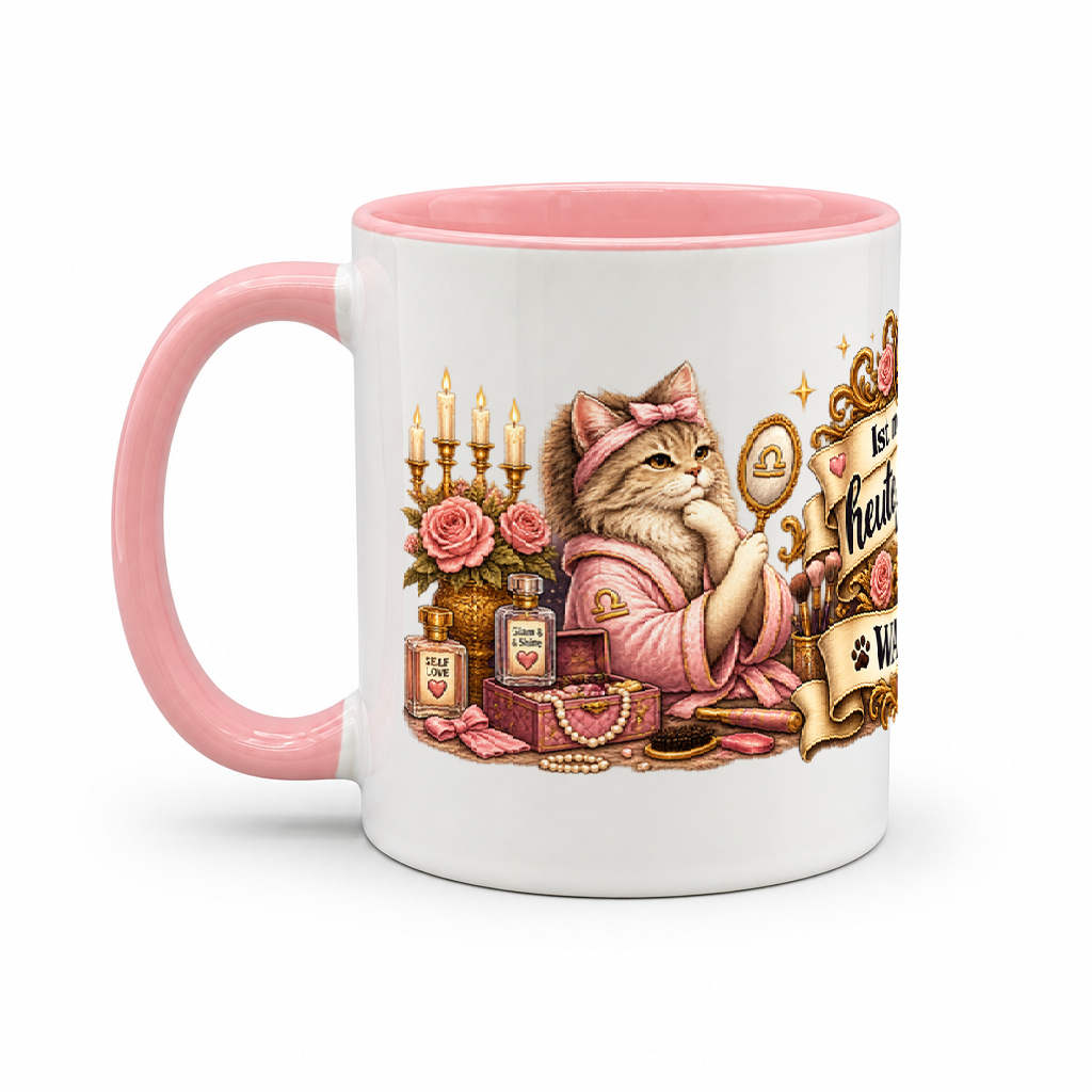 Katzen-Kaffeebecher Waage — Rosa/Weiß (Henkel links)