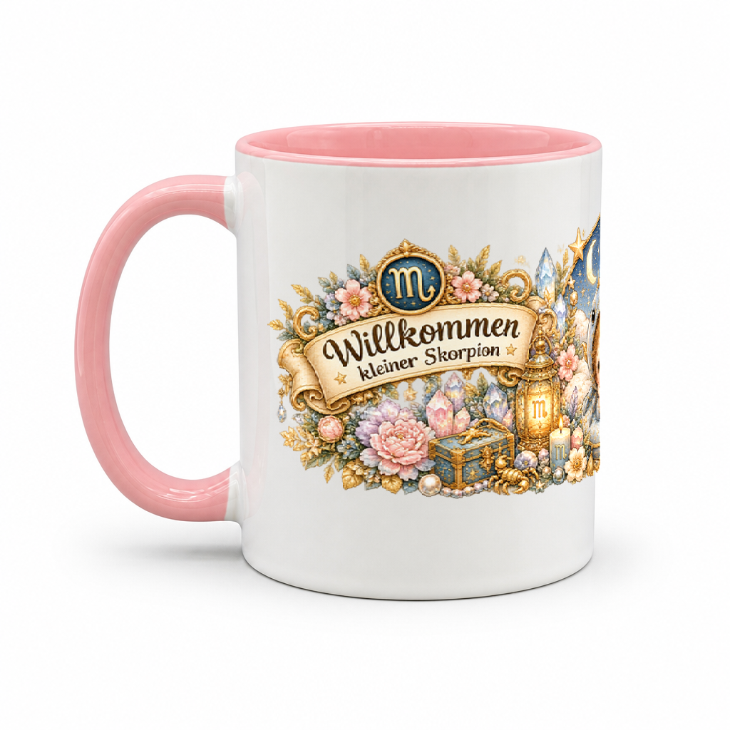 Baby Becher Skorpion — Rosa/Weiß (Henkel links)