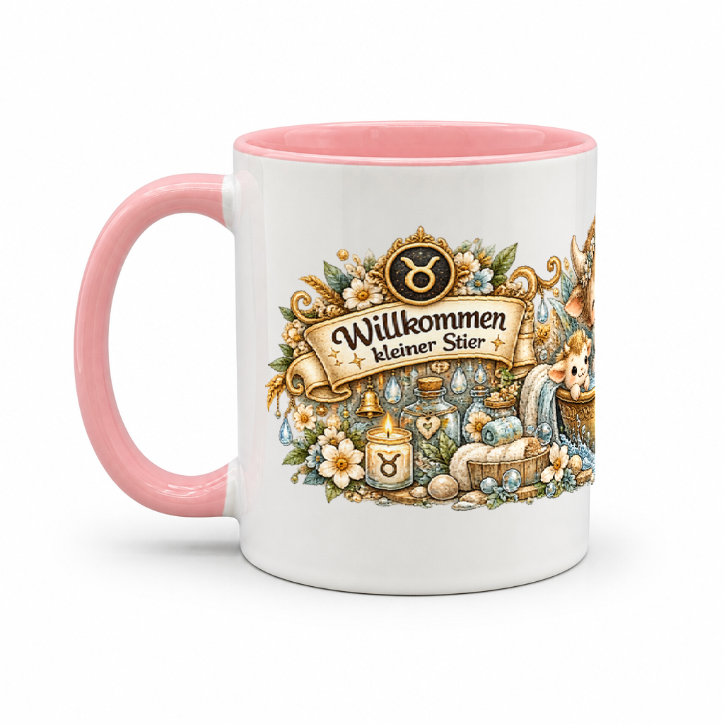 Baby Becher Stier — Rosa/Weiß (Henkel links)