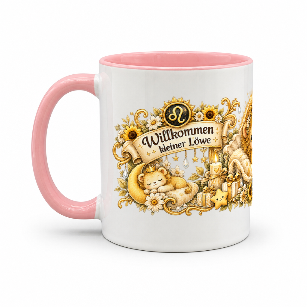 Baby Becher Löwe — Rosa/Weiß (Henkel links)