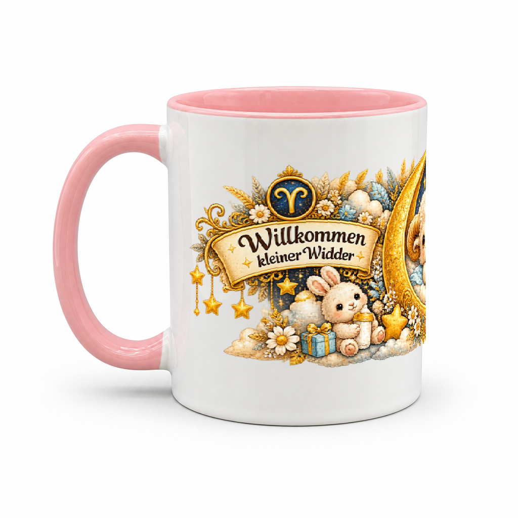 Baby Becher Widder — Rosa/Weiß (Henkel links)