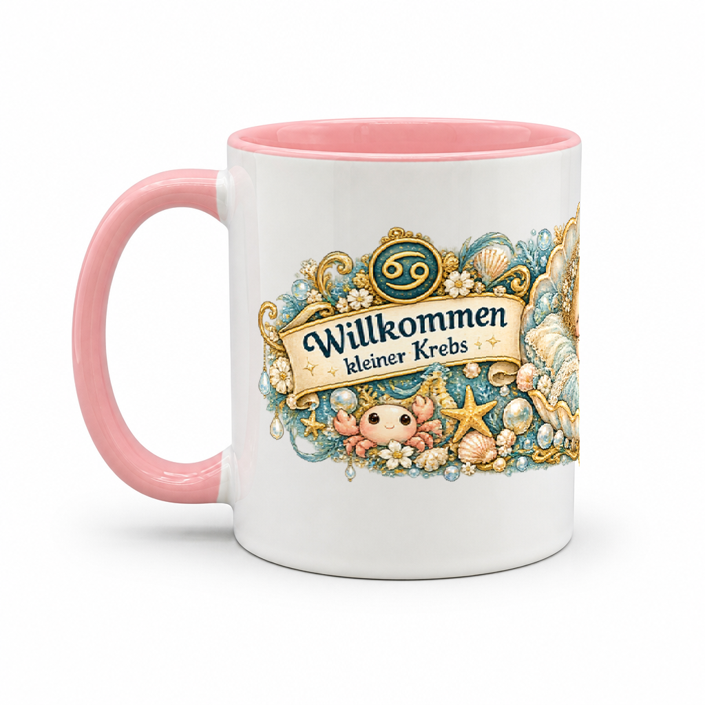 Baby Becher Krebs — Rosa/Weiß (Henkel links)