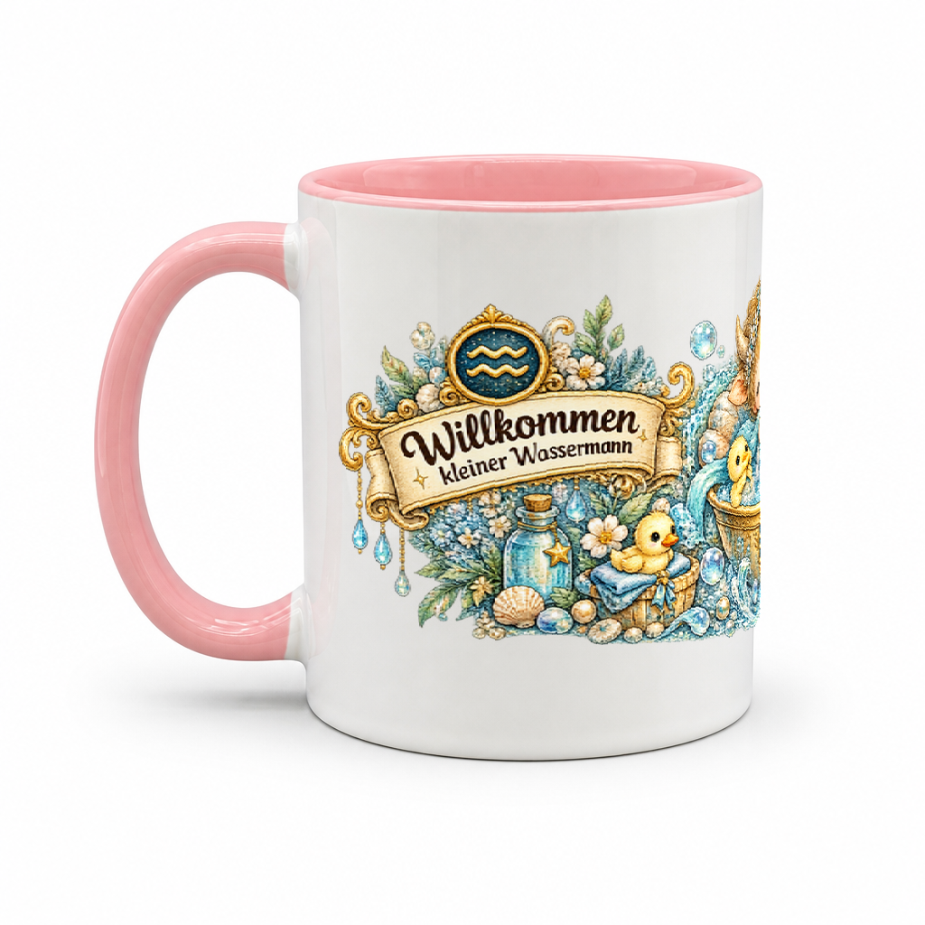 Baby Becher Wassermann — Rosa/Weiß (Henkel links)
