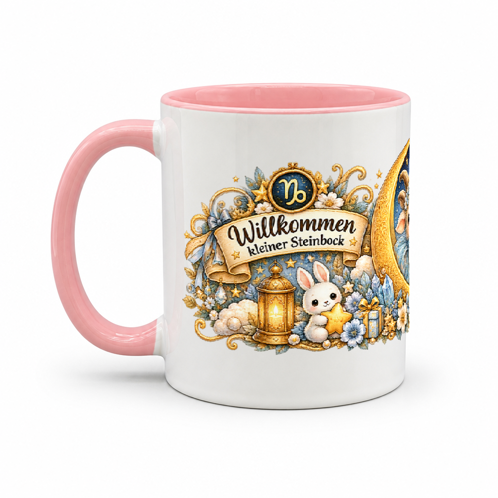 Baby Becher Steinbock — Rosa/Weiß (Henkel links)