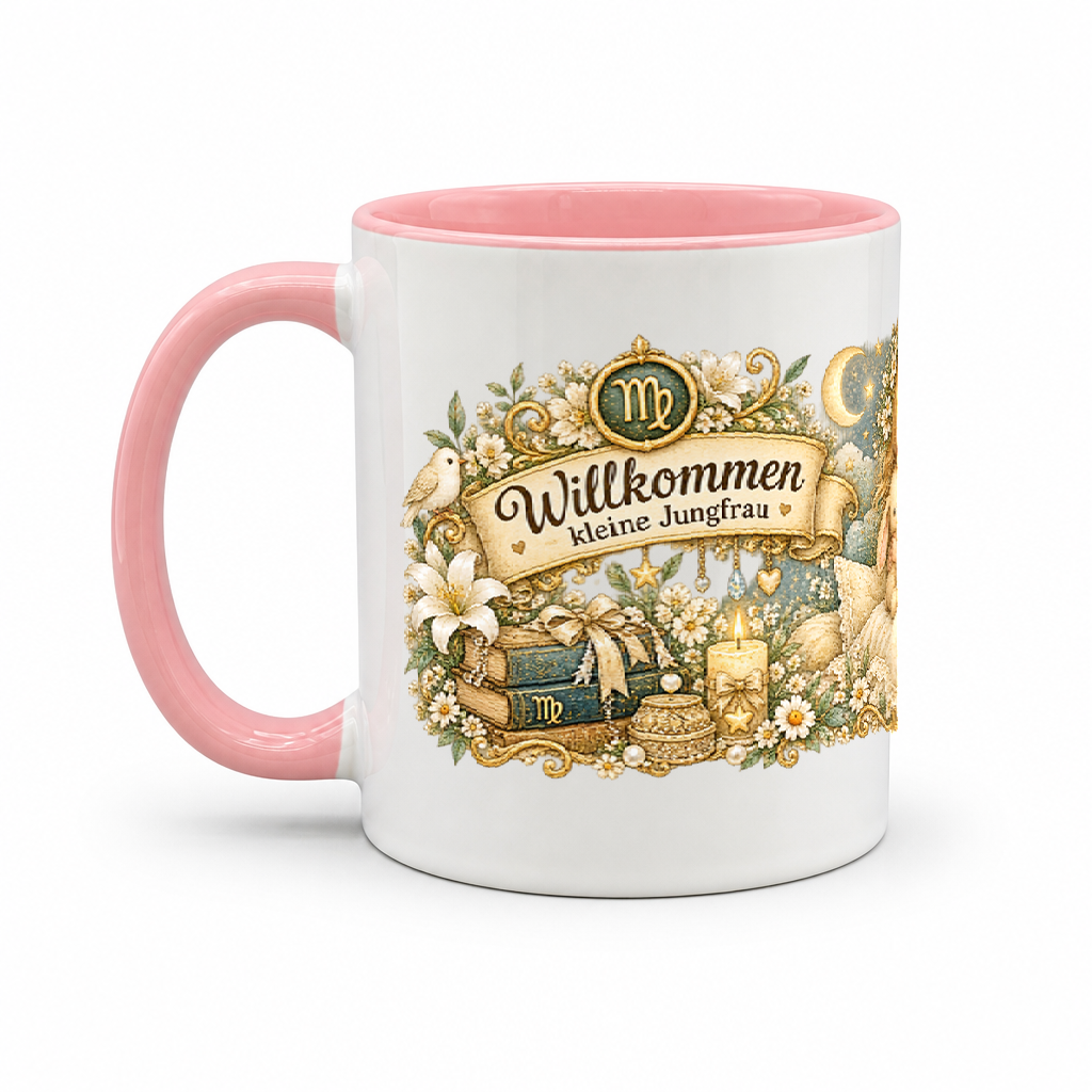 Baby Becher Jungfrau — Rosa/Weiß (Henkel links)