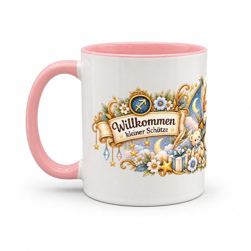 Baby Becher Schütze — Rosa/Weiß (Henkel links)