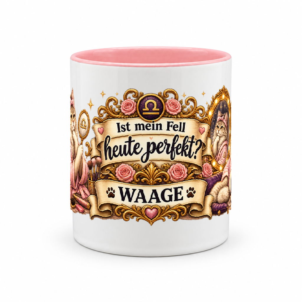 Katzen-Kaffeebecher Waage — Rosa/Weiß (Mitte)