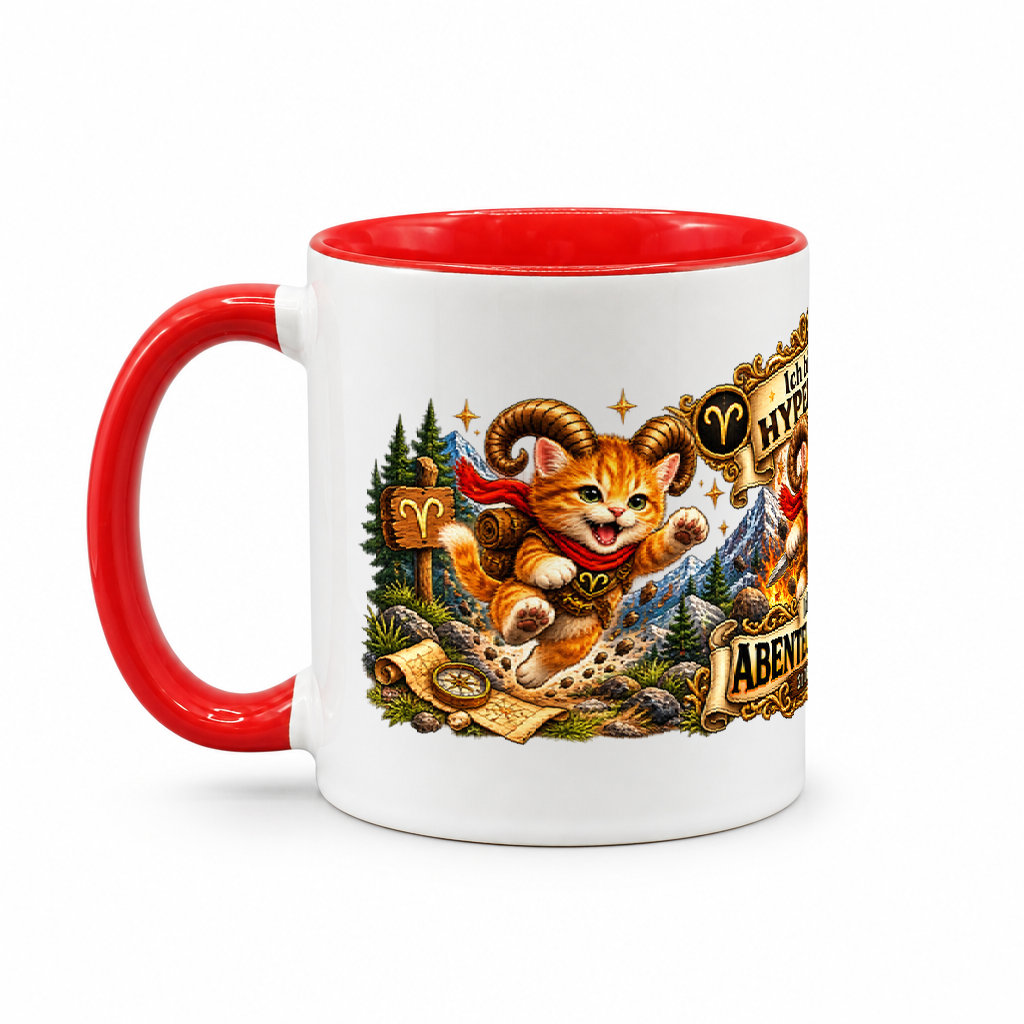 Katzen Kaffeebecher Widder — Rot/Weiß (Henkel links)
