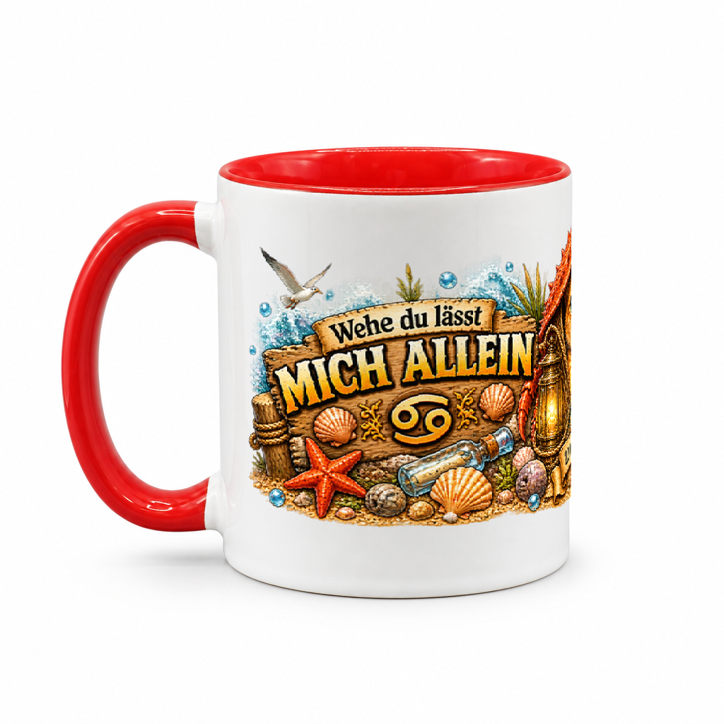 Katzen-Kaffeebecher Krebs — Rot/Weiß (Henkel links)