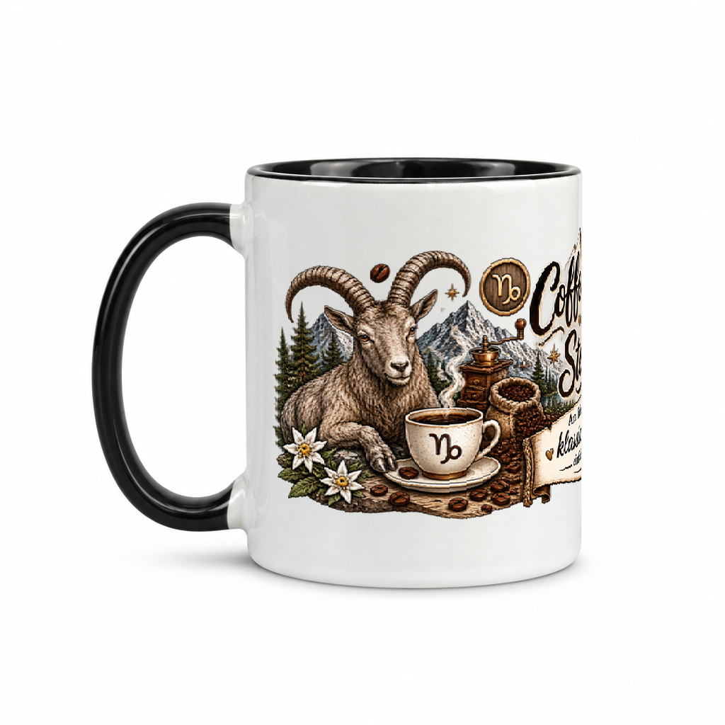 Steinbocktasse Kaffee — Schwarz/Weiß (Henkel links)