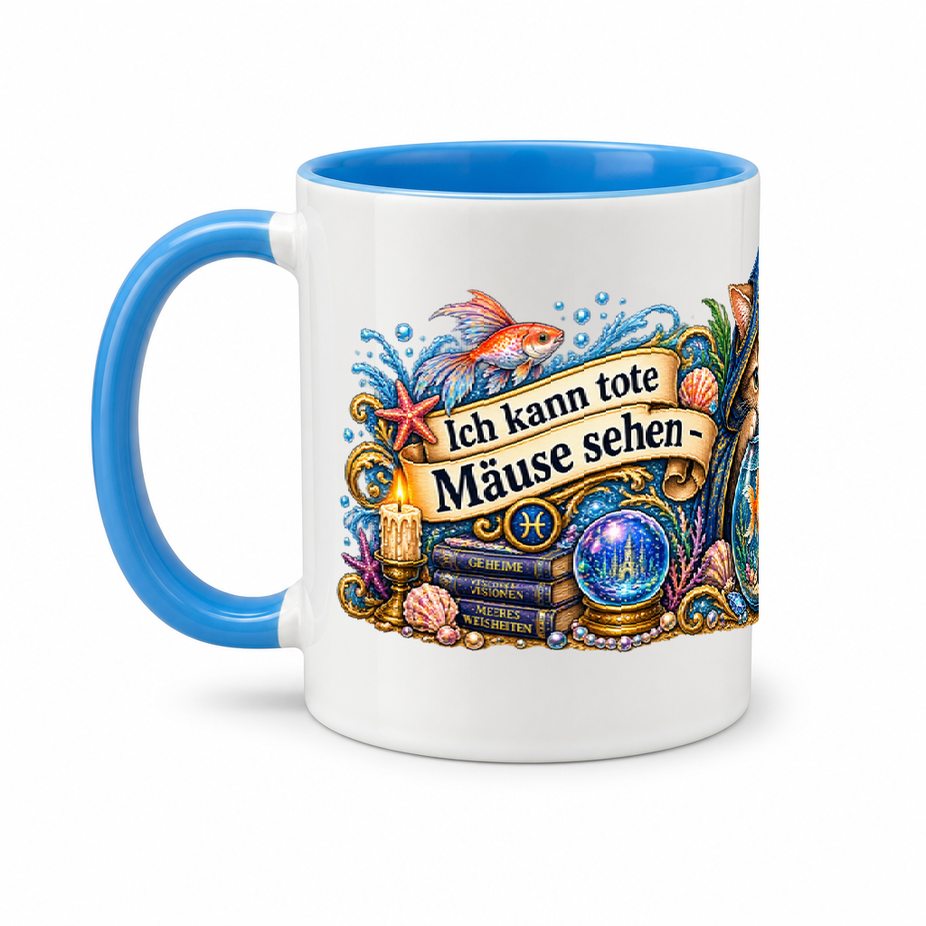 Katzen-Kaffeebecher Fische — (Hell)Blau/Weiß (Henkel links)