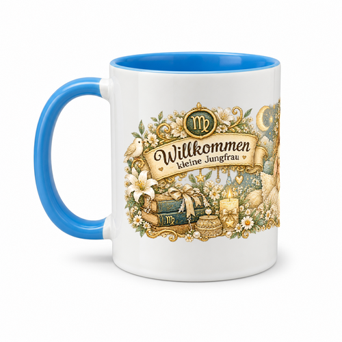 Baby Becher Jungfrau — (Hell)Blau/Weiß (Henkel links)