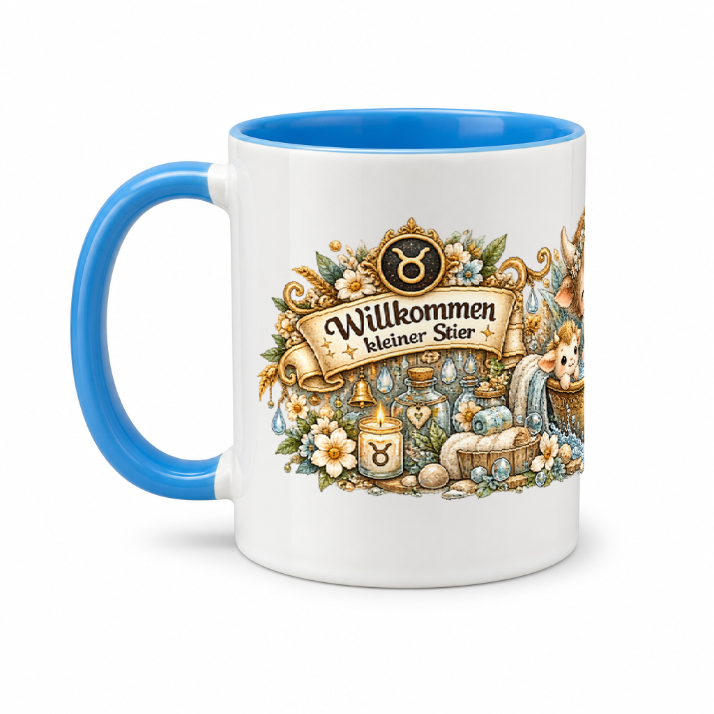 Baby Becher Stier — (Hell)Blau/Weiß (Henkel links)