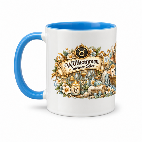 Baby Becher Stier — (Hell)Blau/Weiß (Henkel links)