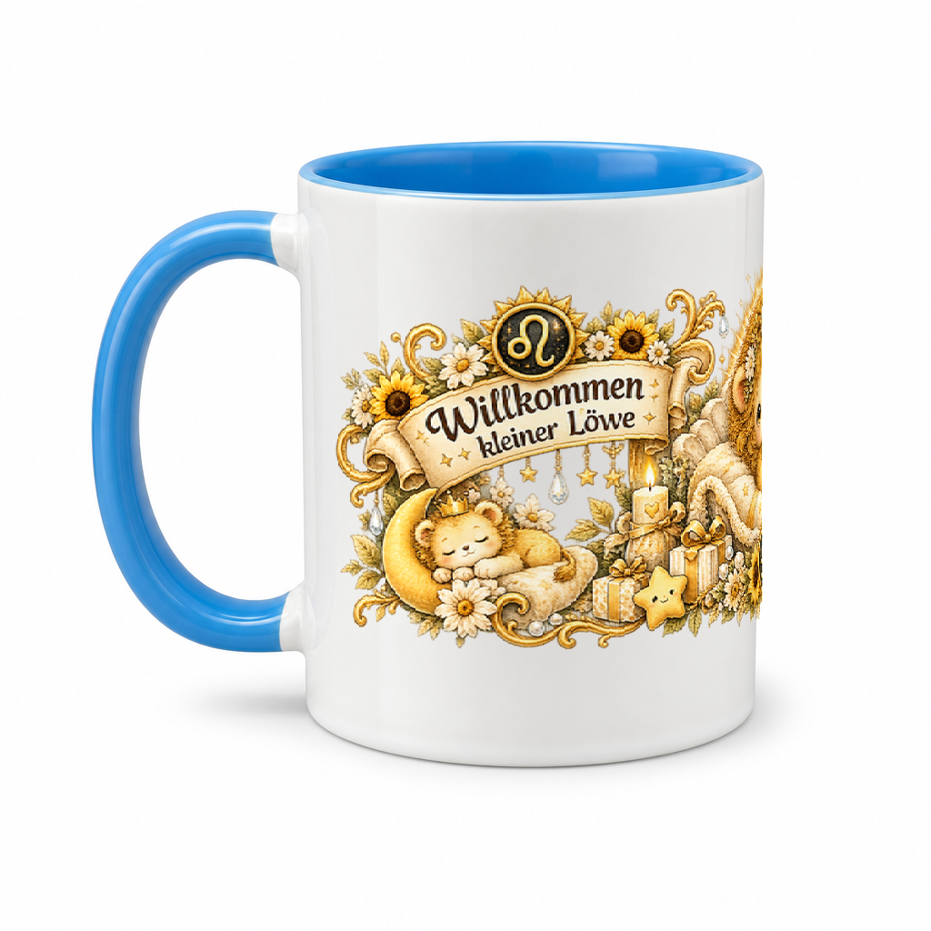 Baby Becher Löwe — (Hell)Blau/Weiß (Henkel links)