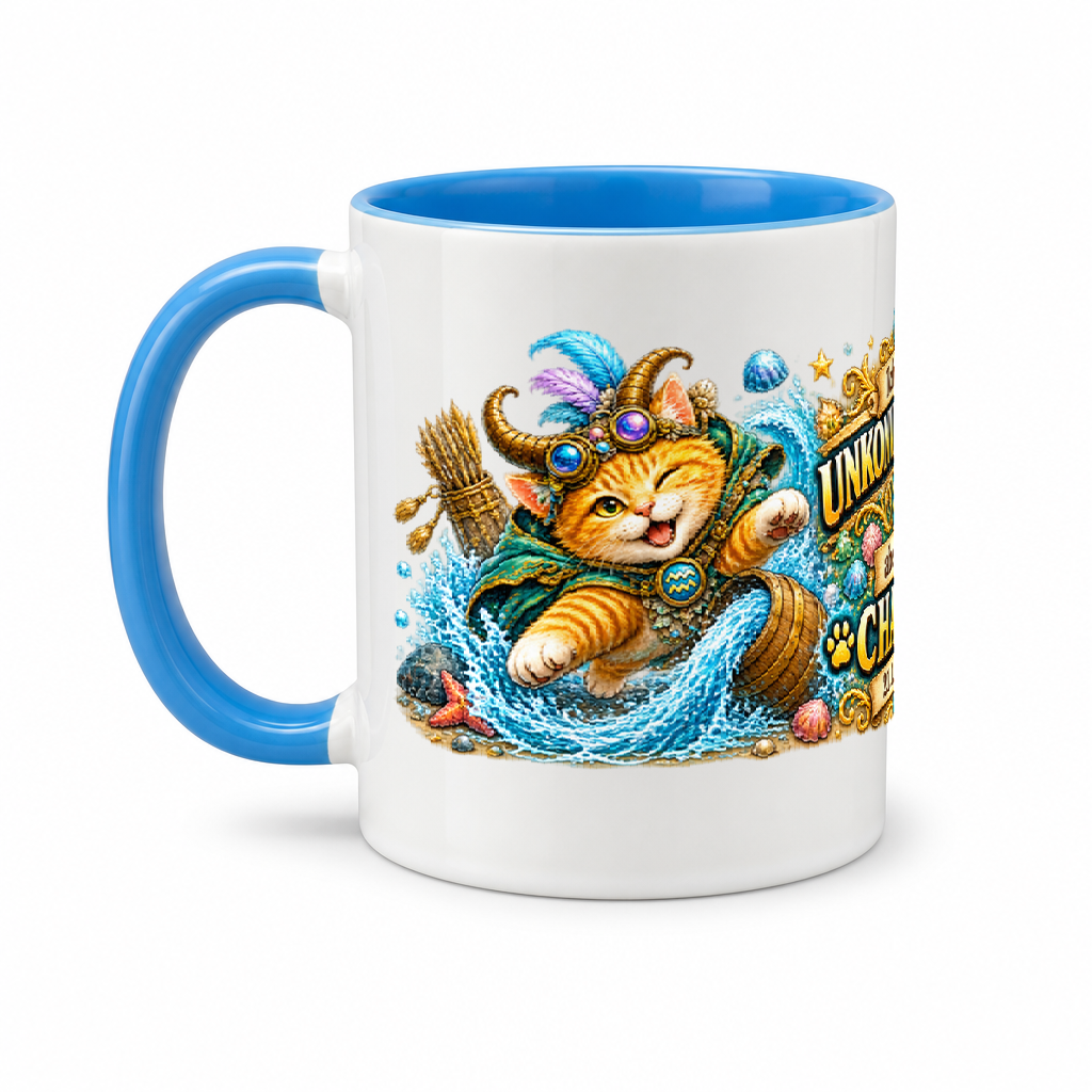 Katzen-Kaffeebecher Wassermann — (Hell)Blau/Weiß (Henkel links)